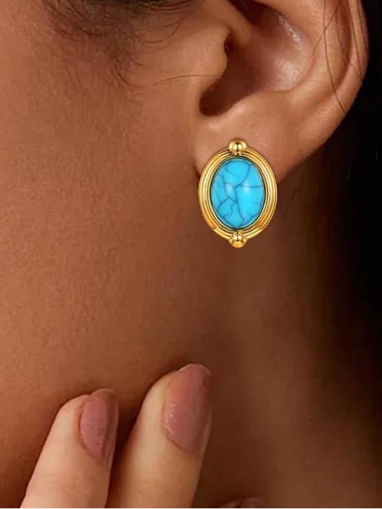Anthropologie Gold-Tone Oval Earrings With Turquoise Stone